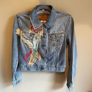 Denim jean jacket G brand embroidered suede patch